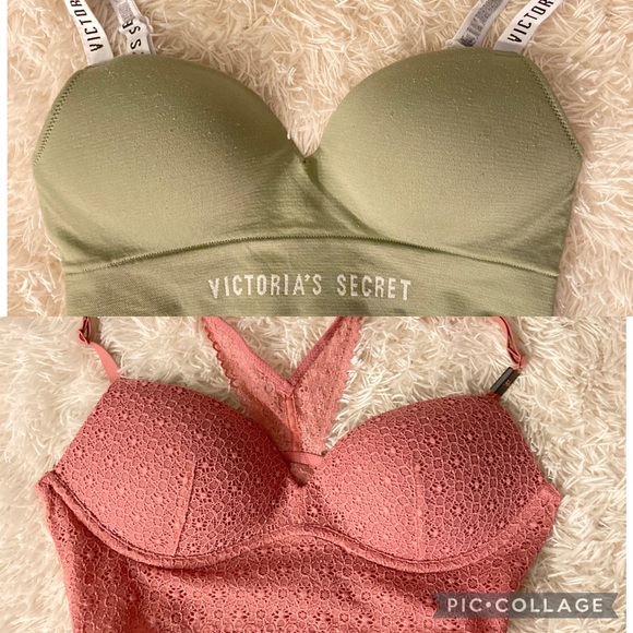 Set of 2 No Wire Bralettes Army Green and Lace Pink - Picture 1 of 9